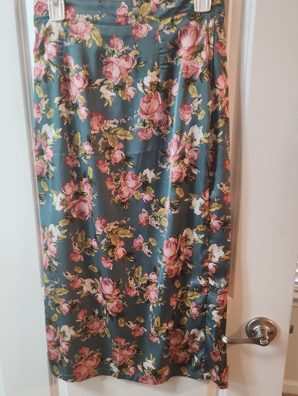 SHEIN Teal Midi Skirt with Pink Rose Print